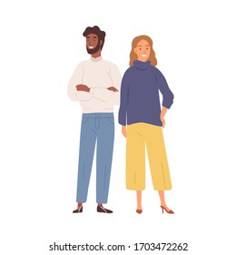 Feliz caricatura de diversos hombres y mujeres juntos aislados de fondo blanco. Piel negra de pareja positiva masculina y mujer europea posando ilustración plana vectorial. Jóvenes modernos y con estilo