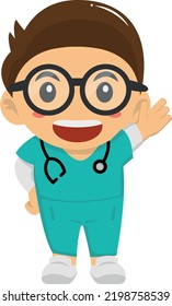 Happy cartoon doctor is waving the hands of illustration