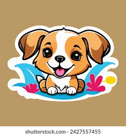 Happy cartoon dog character in decorative place with flower