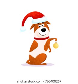 Happy cartoon dog with Christmas decoration. Xmas funny flat character design. Puppy isolated on white background. Terrier wearing red Santa Claus hat. Christmas or New Year 2018 vector illustration.