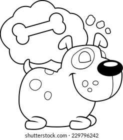 A happy cartoon dog dreaming and smiling.