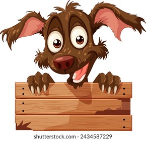 Happy cartoon dog peeking over a blank sign.