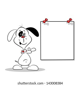 A happy cartoon dog pointing to a blank poster with copy space