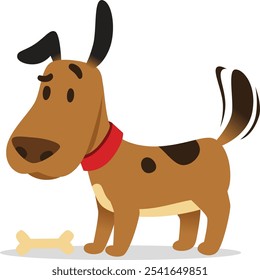 Happy cartoon dog with a red collar wags its tail next to a bone on a white background, exuding joy and cheer