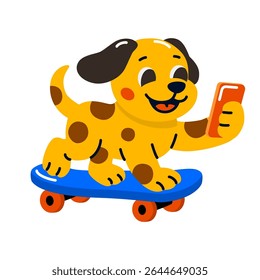 Happy cartoon dog riding a skateboard and holding a smartphone, playful character symbolizing youth, energy, and digital lifestyle. Vector illustration.