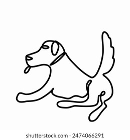 Happy cartoon dog, sitting, Continuouse one line of golden retriever isolated on white, cartoon vector Illustration hand drawn