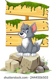 A happy cartoon dog sitting on a rock stump.