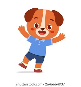 Happy Cartoon Dog Waving its Hands and Standing on Two Legs in Illustration Style