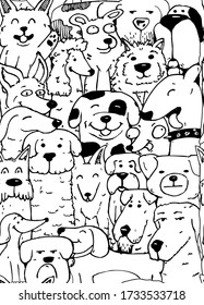 Perros de dibujos animados felices, divertida imagen vectorial de mascotas favoritas. Patrón transparente
