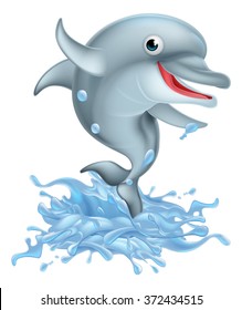 A happy cartoon dolphin jumping out of the water creating a big splash