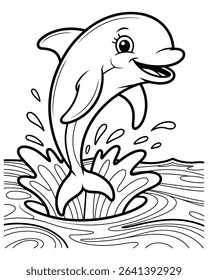 Happy cartoon dolphin leaping from ocean waves
