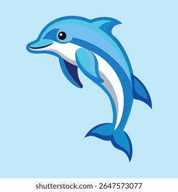 Feliz golfinho de desenhos animados saltando, ilustração de mamífero aquático lúdico, tons azuis brilhantes, estilo de livro infantil