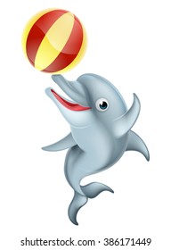 A happy cartoon dolphin playing with an inflatable ball