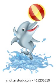 A happy cartoon dolphin playing with an inflatable ball splashing out of the water