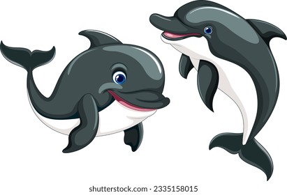 A happy cartoon dolphin is smiling out of the water in a vector illustration style