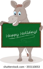 Happy Cartoon Donkey holding schoolboard 