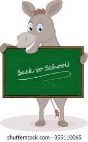Happy Cartoon Donkey holding schoolboard 