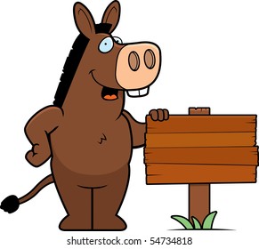 A happy cartoon donkey standing next to a wood sign.
