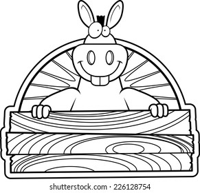 A happy cartoon donkey with a wooden sign.