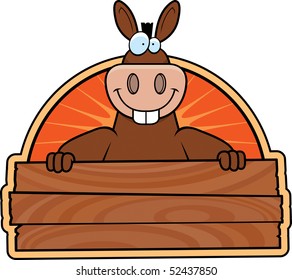 A happy cartoon donkey with a wooden sign.