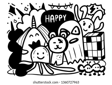 Happy cartoon doodle hand draw in black and white for coloring, card