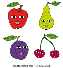 Happy cartoon doodle retro apple ,plum, pear, cherry characters with leaf isolated on white background.     