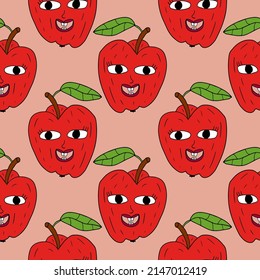 Happy cartoon doodle retro apple character with leaf seamless pattern. Fruit background.     