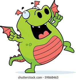 A happy cartoon dragon dancing and smiling.