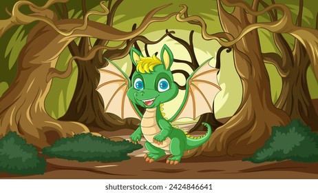 A happy cartoon dragon in a mystical woodland