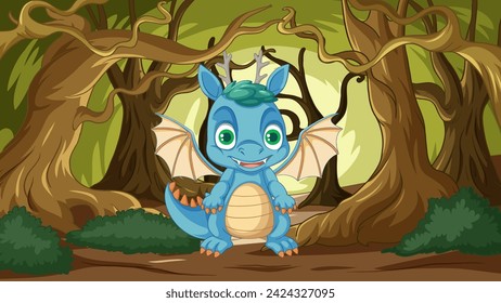 A happy cartoon dragon standing in a forest