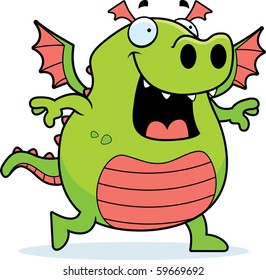 A happy cartoon dragon walking and smiling.
