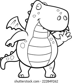 A happy cartoon dragon waving and smiling.