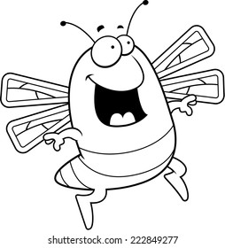 A happy cartoon dragonfly jumping and smiling.