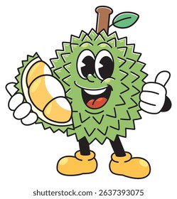 A happy cartoon durian character holding a peeled durian pulp in one hand and giving a thumbs up with the other. 