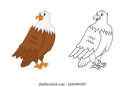 Fröhlicher Cartoon-Adler mit Linienkunst, Adler-Skizze-Farbe weniger Seite einzeln auf weißem Hintergrund.