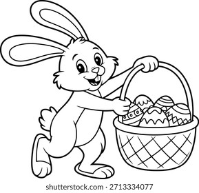Conejito de Pascua de dibujos animados feliz con la cesta llena de huevos