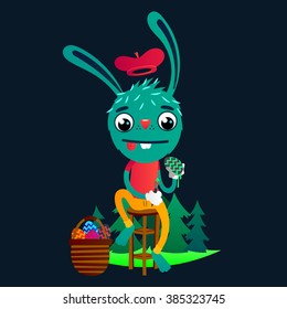 Happy cartoon Easter Bunny. Easter egg hunt.