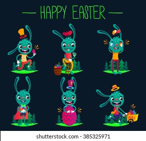 Happy cartoon Easter Bunny. Easter egg hunt.