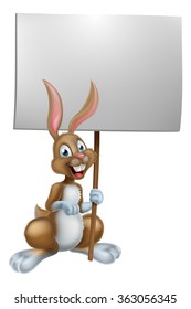 A happy cartoon Easter bunny rabbit holding a sign