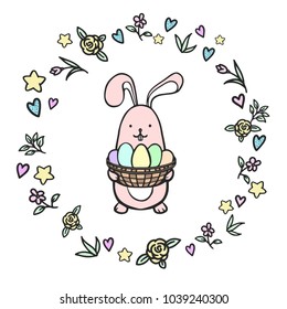 Happy cartoon Easter Bunny. Vector illustration for  greeting card, invitation with pink cute rabbit in flowers wreath