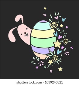 Happy cartoon Easter Bunny. Vector illustration for  greeting card, invitation with pink cute rabbit with egg  and flowers