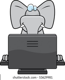 A happy cartoon elephant with a computer.