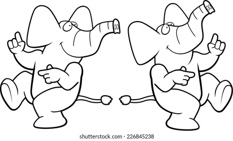 A happy cartoon elephant dancing and smiling.