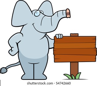 A happy cartoon elephant standing next to a wood sign.
