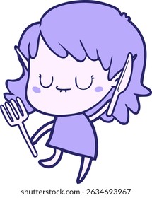 menina elfo desenhos animados feliz com faca e garfo em cores neon brilhantes