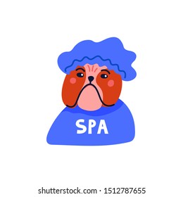 Happy cartoon english bulldog portrait on white background. Dog beauty salon. Funny puppy character in the spa. Dog care, grooming, hygiene, health. Flat style vector illustration