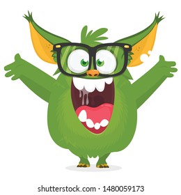 Happy cartoon excited laughing monster. Vector Halloween illustration