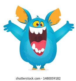 Happy cartoon excited laughing monster. Vector Halloween illustration