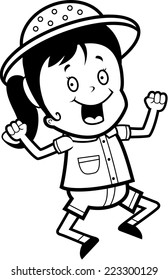 A happy cartoon explorer jumping and smiling.