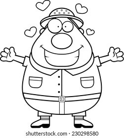 A happy cartoon explorer ready to give a hug.